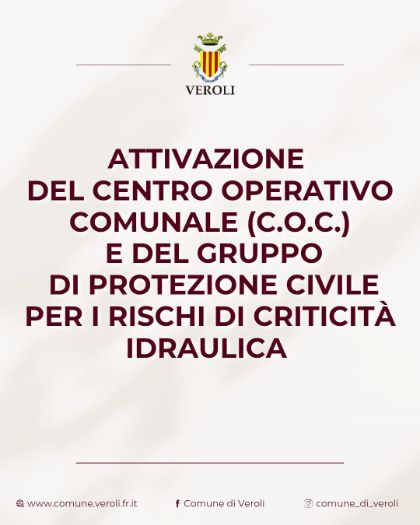 Attivazione del Centro Operativo Comunale e del gruppo di Protezione Civile per rischi di criticità idraulica arancione