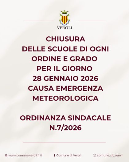 Ordinanza chiusura scuole per il giorno 28 Gennaio 2026 a causa di emergenza meteorologica