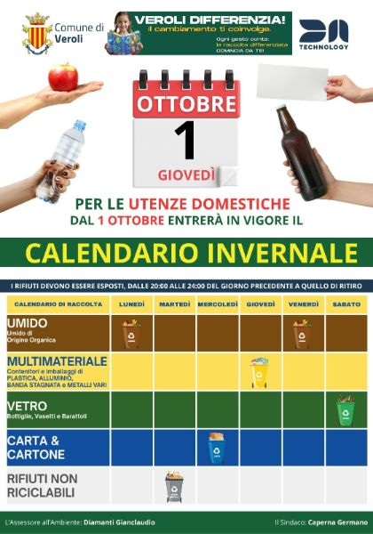 Calendario invernale raccolta differenziata